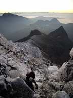 Ed climbing the first peak. The rime made the easy scrambling feel much more insecure.